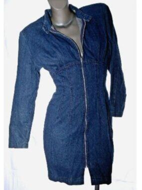 Vintage Denim Full Zipper Dress Bodycon Pencil Jean 80s Glam Rock Party Women 7